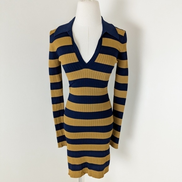 Striped Ribbed Mini Dress Long Sleeve 70’s Style Twik Soft Bodycon Tight Fitted - Picture 4 of 14